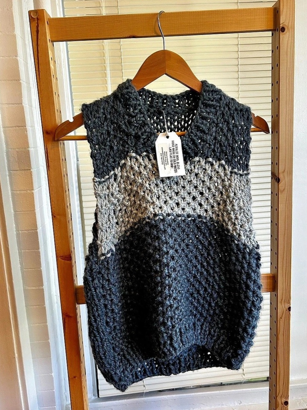 Handmade Color Block Blue and Gray Knit Vest NWT acrylic Wool